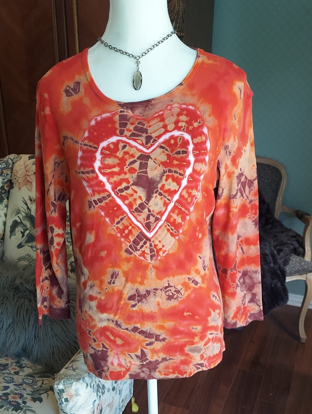 Tryst Orange Tie-Dye Heart Long Sleeve Top